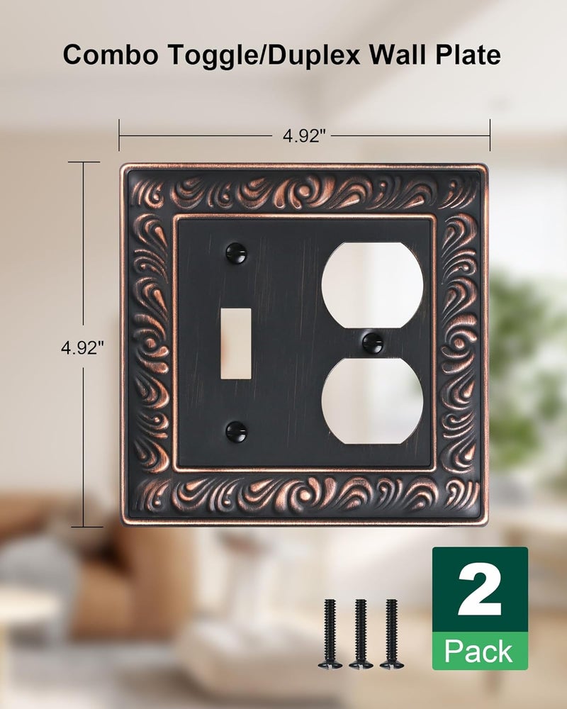 treewell 2-Pack Combo Toggle/Duplex Light Switch Cover Plate, Paisley Pattern Decorative Wall Outlet Cover Plate, Aged Bronze 2 Gang Metal Wall Plates for Electrical Outlets, Light Switch - Image 2